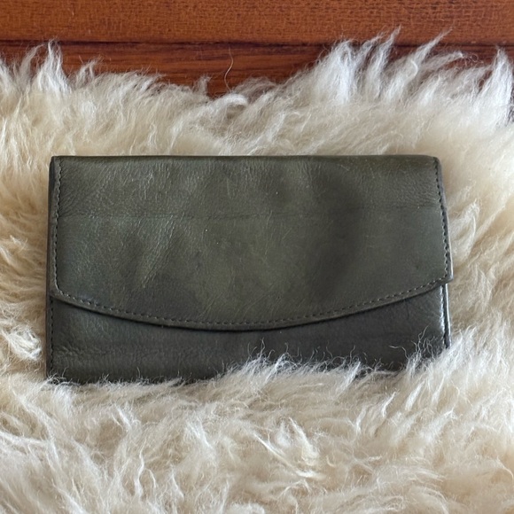 Olive Green Leather Tri Fold Checkbook Wallet with Flap Closure - Picture 2 of 4